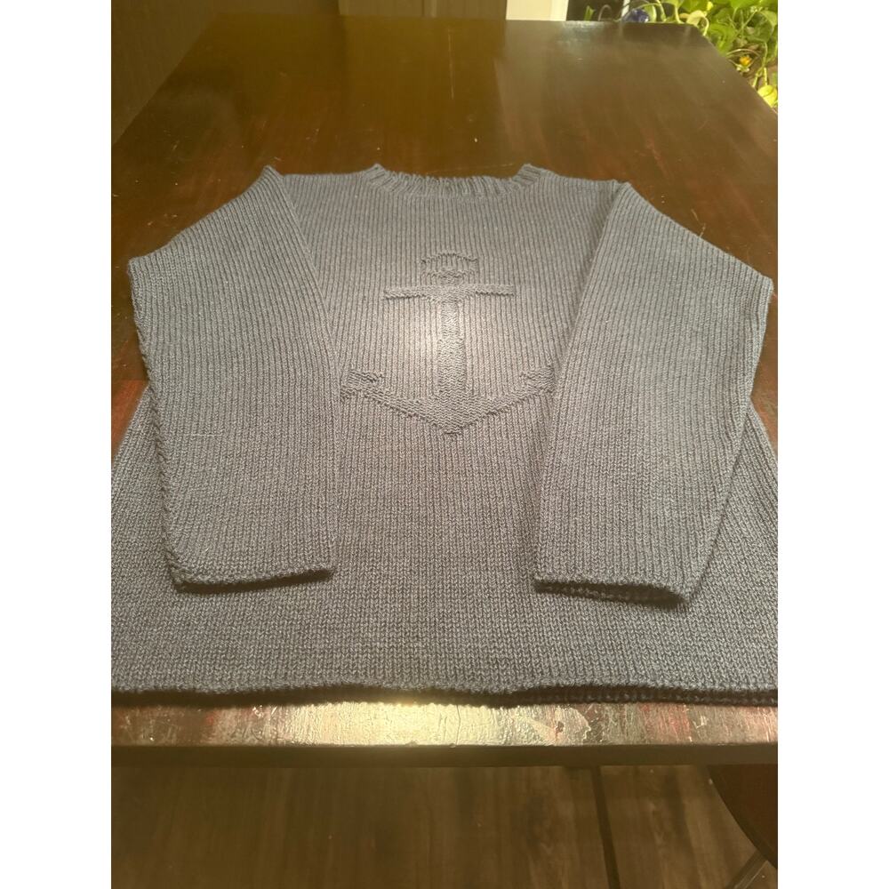 Vintage FLORA Crewneck-Anchor Stockinette-Made in USA-Navy Blue-Size M